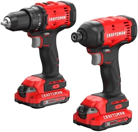 CRAFTSMAN V20 Cordless Drill Driver and Impact Driver, 2 x 2Ah Lithium Ion Battery and Charger, Two Power Tools, 1700 RPM 1/2 In. Electric Drill, 1800 Torque 1/4 Impact Screwdriver (CMCK201D2)