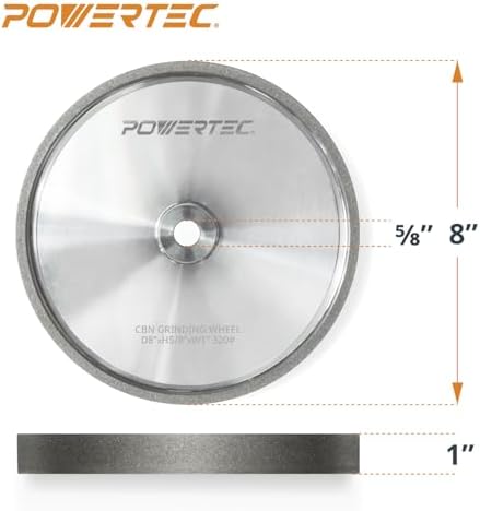 POWERTEC CBN Grinding Wheel 8 Inch 320 Grit, Bench Grinder Wheel for Sharpening HSS Tools, Lathe Tools & Chisel Set, 8" x 1" Wide, 5/8" Arbor Bench Grinder Wheels for Bench Grinder, 1 PK (15701)