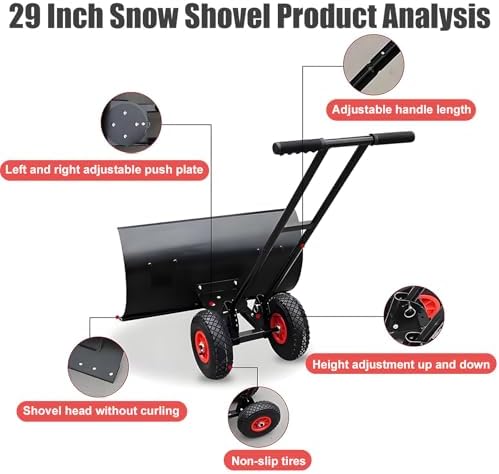Snow Pusher Shovel - Heavy 36" Blade Snowplow Shovels, 10" Pneumatic Tires, 7-Way Pivot,for Frequent Use On Driveways