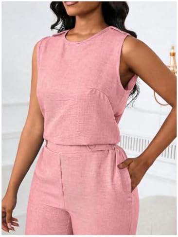 Floerns Women's 2 Piece Sets Dressy Outfits Bussiness casual Crew Neck Sleeveless Blouse and Elegant Pants Set