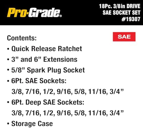 Pro-Grade 18-Piece 3/8in Drive SAE Socket Set with Storage Case, Heat-Treated Chrome Vanadium Steel, Nickel Chrome Plated, Professional Grade, 19307