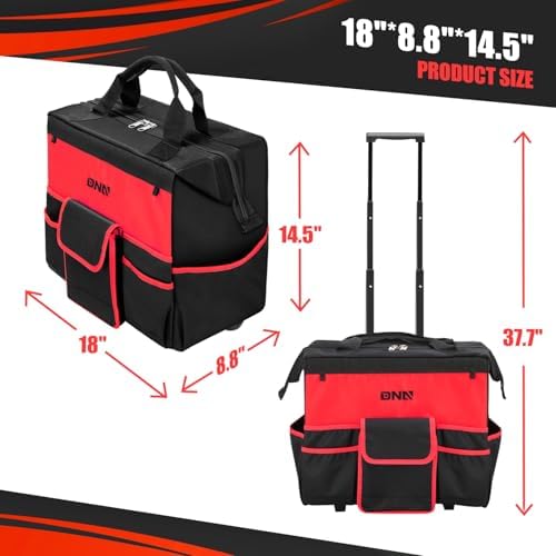 DNA MOTORING 18in Canvas Rolling Tool Bag, Telescoping Handle 600D Large Roller Tool Bag, Tools Bag Organizer for Electrician, Carpentry, HVAC, TOOLS-00640