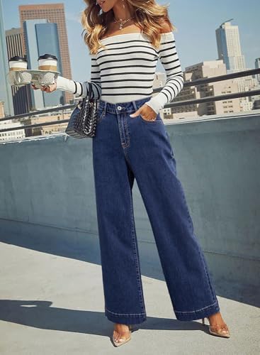 Dokotoo Women's Casual High Waisted Jeans Stretch Wide Leg Loose Denim Pant