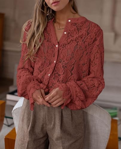 PRETTYGARDEN Women's Fall Trendy Long Sleeve Lace Tops
