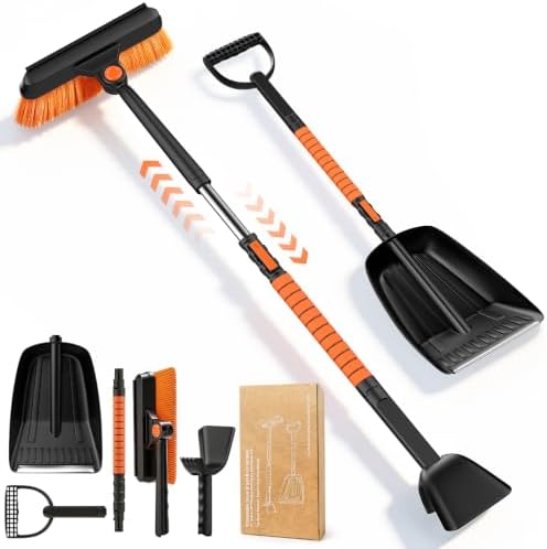 42'' Car Snow Brush and Ice Scraper with Portable Car Snow Shovel, 180° Swivel Brush Head, Extendable 5-in-1 Snow Removal Kit for Windshield, Truck, Car, SUV, Vehicle Winter Snow Removal Tool