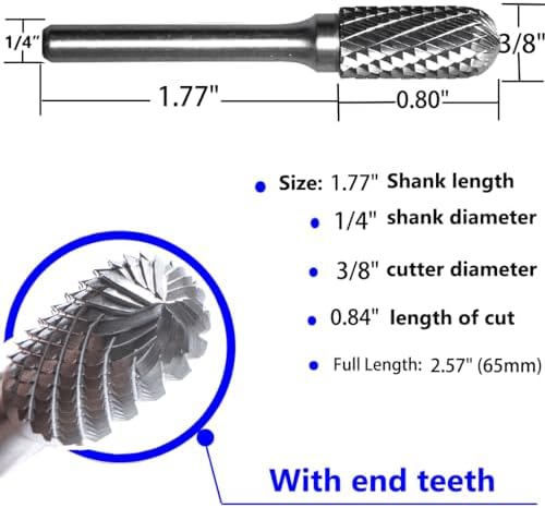Carbide Burr Set 1/4" Shank SC-3 Die Grinder Bits Tungsten Double Cut Burr Bits (3/8" Cutter Dia X 0.80" Cutter Length) for Die Grinder Kits Metal Grinding Drilling Polishing (5pcs)
