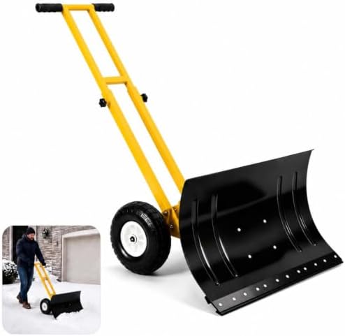 GarveeLife Wheeled Snow Shovel - 29in Steel Blade with 10in Wheels Yellow