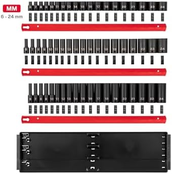 TEKTON 3/8 Inch Drive Impact Socket Set, 57-Piece | SID91123 | (6 - 24 mm), Shallow, Semi-Deep, and Deep, 12-Point, Socket Rail