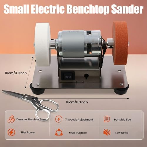 Mini Benchtop Sander Electric Bench Grinder Spindle Sander Low Noise Polishing Grinding Machine 7 Adjustable Speed Small Grinder for Woodworking Knife Making Crafts DIY