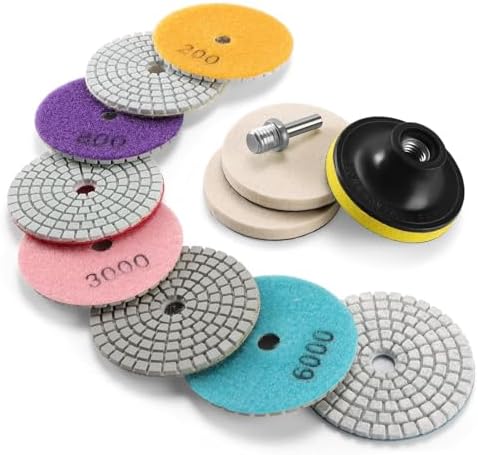 3 Inch Diamond Polishing Pads with M14 Backer Pad, 12PCS Wet/Dry Granite Stone Polish Pad Kit for Drill, Grinder, Polisher, 50-6000 Grit Diamond Sanding Pad for Concrete Marble Rock