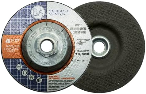 Benchmark Abrasives Grinder Cut Off Wheels 4 1/2 Inch Aluminum Oxide Depressed Center Type 27, 5/8"-11 Threaded Flange, 1/4" Thick Angle Grinder Cutting Disc Grinding Cutting Wheel - 10 Pack