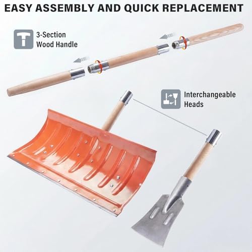 Snow Pusher and Ice Scraper, 22" Snow Shovel Plow 6" Flat Shovel with Adjustable Long Wooden Handle for Blacktop, Decks, Outdoor driveways