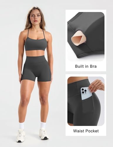SUUKSESS Women 2 Piece Workout Sets Padded Halter Sports Bras High Waisted Biker Shorts with Pockets
