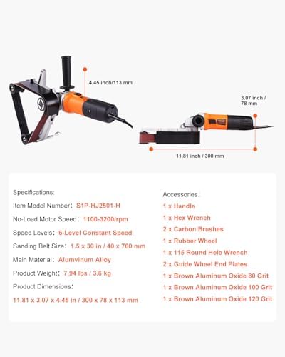 VEVOR 1000W Pipe Belt Sander, 6-Speed Tube Polisher 1100-3200rpm, Handheld Grinding Sanding Tool with 3PCS Sanding Belts, Ideal for Rust Burnishing Finishing Removal