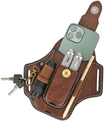 Leather Cell Phone Holster Case Multitool Sheath Flashlight Belt Pen Holder