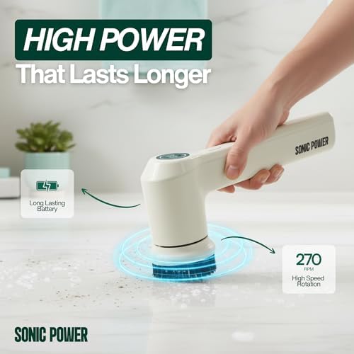 SonicPower Electric Spin Scrubber – Handheld & Ergonomic, IPX7 Waterproof, 4 Multi-Purpose Brush Heads, Long-Lasting Rechargeable Battery – Cleans Dishes, Bathroom, Tile, Grout & Kitchen (Beige)