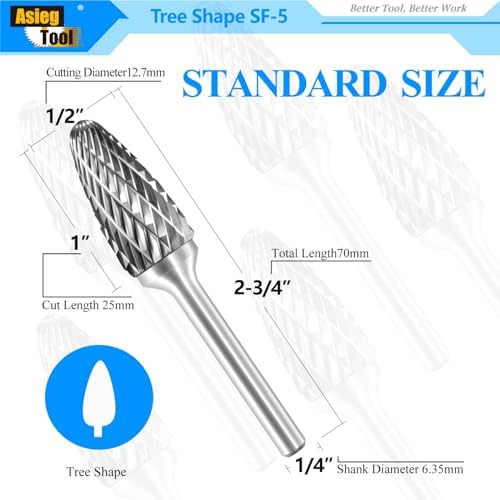 SF-5 Tungsten Carbide Burr Rotary File Tree Shape Radius End Shape Double Cut for Die Grinder Drill Bits 1/4'' Inch Shank Diameter and 1/2'' Diameter of Cutter 1'' Inch Cutter Length - 5Pcs