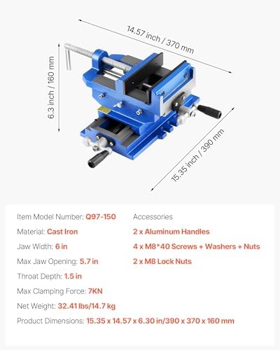 VEVOR Cross Slide Drill Press Vise, 6 Inch Jaw Width, 2 Way X-Y Axis Bench Vise, 5.7 Inch Max Jaw Opening, Heavy Duty Cast Iron, Workbench Vice Clamp, for Woodworking Drilling CNC Milling Machine