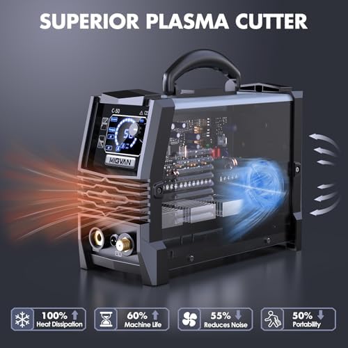 50Amps Plasma Cutter, Large LED Screen Display, MIGVAN Cutter Machine 110/220V Dual Voltage, 1/2" Cut DC IGBT Inverter, Post Flow 2T/4T Metal Cutting Machine with Torch & Tips for Beginners Home DIY