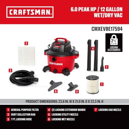 CRAFTSMAN CMXEVBE17594 12 Gallon 6.0 Peak HP Wet Dry Shop Vacuum