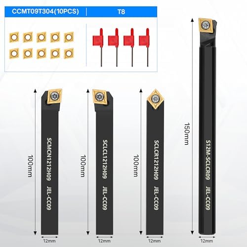 Indexable Lathe Turning Tool 1/2" 12mm Shank 14PCS Kit, 4PCS Metal Lathe Tools Holder 10PCS CCMT09T304 Carbide Insert for Turning Boring Grooving, SCMCN1212H09/SCLCL1212H09/SCLCR1212H09/S12M-SCLCR09