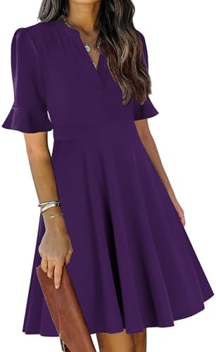 Mokayee Womens Summer V Neck Ruffle Short Sleeve Fit and Flare Knee Length Church Wedding Guest Dresses with Pockets