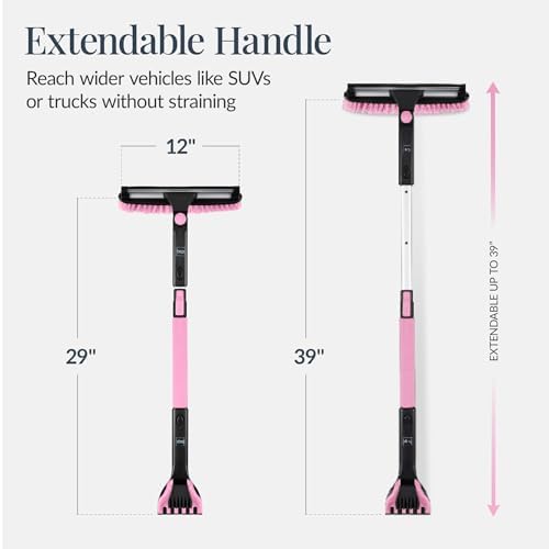 Best Choice Products 4 in 1 Snow Brush with Shovel, Squeegee & Ice Scraper, Up to 39" Extendable Foam Grip, 270° Pivoting Snow Brush for Car Truck SUV, Storage Bag Included - Pink