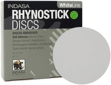 Indasa 5" Rhynostick White Line PSA Sanding Discs – 50 Series, Aluminum Oxide, No-Clog, Easy Release Tabs, 36-600 Grit, for Wood, Drywall & Auto Body Sanding. (5 Inch Sticky Back(PSA), 36, Coarse)