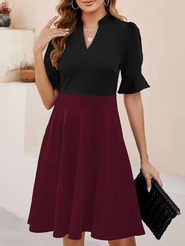 Mokayee Womens Summer V Neck Ruffle Short Sleeve Fit and Flare Knee Length Church Wedding Guest Dresses with Pockets