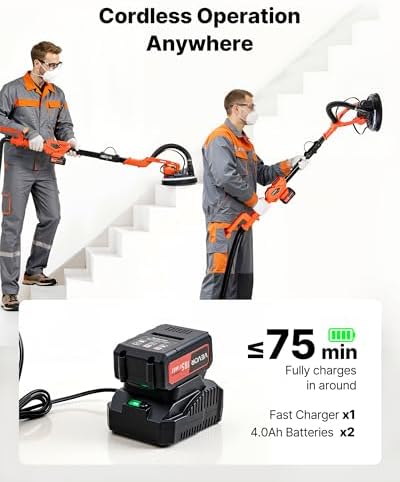 VEVOR Cordless Drywall Sander, 450W Electric Sander, Popcorn Ceiling Removal Tool with Vacuum Dust Collection, 7 Variable Speed 0-1600 RPM, LED Light, Foldable & Extendable Handle, 15 Sanding Discs