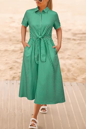 Newshows Women's Work Business Casual Outfits Tie Waist Midi Shirt Dress