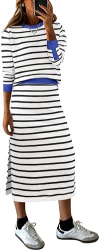 ANRABESS Women 2 Piece Striped Sweater Skirt Set