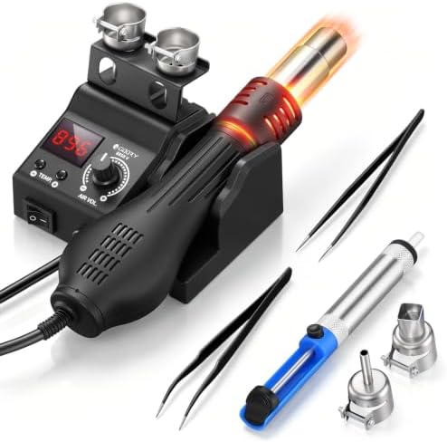GOORY 8858-V Hot Air Rework Station Kit, Compact Digital Heat Gun with PID Control, Auto Standby, Adjustable Temp & Airflow, °F/°C Display (212°F~896°F) for SMD Desoldering, Electronics & Phone Repair