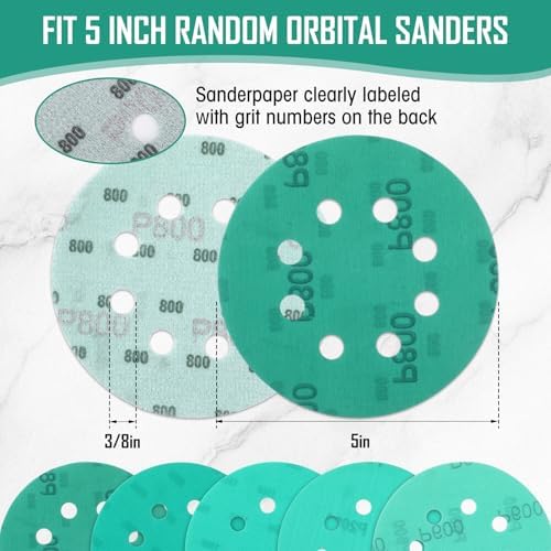 500 Pcs 5 Inch 8 Hole Sanding Discs, 600/800/1000/1500/2000, Green