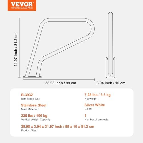 VEVOR Pool Handrail, 39 x 32 inch Pool Railing, Stainless Steel with Base Plate for Indoor/Outdoor Pools,Swimming Pool Safety Railing for Decks,Rust-Proof Grab Bar w/Grip Cover&Accessories for Spas