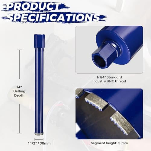 1-1/2 Inch Core Drill Bit for Concrete with Rebar - 14" Depth, Wet Use, 1-1/4"-7 UNC, Upgraded Welded Teeth for Brick, Bock, Masonry, Stone, Stucco, Alsphalt - Great for DIY & Pros (38mm)
