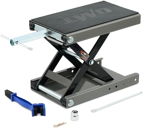 OMT Motorcycle Lift, 1100lb Scissor Jack Stand for ATV Dirt Bike Cruiser | Wide Deck Motorbike Center Stand; Crank Hoist T Handle And 3/8 Inch Socket; 3.7 To 14.6 Inch Lift; 5 Lock Holes; Chain Brush