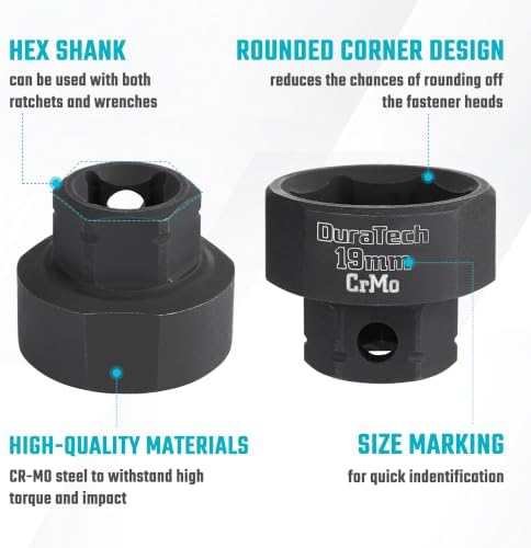 DURATECH 10-Piece 3/8" Drive Stubby Impact Socket Set for Narrow Spaces | 10mm-19mm, Metric, Cr-Mo Steel, Size Markings, for Tight Spaces, Organized in Magnetic Storage Rail, for Automotive Repairs
