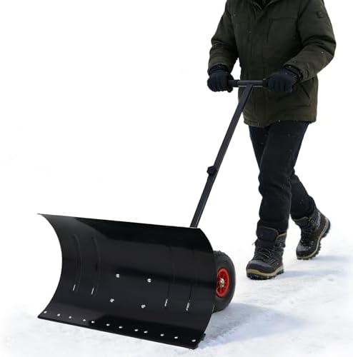 29" Push Snow Shovel with Wheels for Driveway, Heavy Duty Adjustable Angle Wheeled Snow Pusher Shovel, Metal Rolling Snow Pusher, Snow Plow Shovel on Wheels for Snow Removable, 29"x16.5" Blade