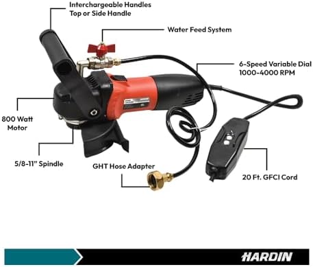 Hardin 4" & 5" Variable Speed Wet Polisher and Grinder – 800W 120V, 1000–4000 RPM, Water Feed System with Brass Valve, GFCI Cord for Granite, Marble, Stone, and Concrete Fabrication
