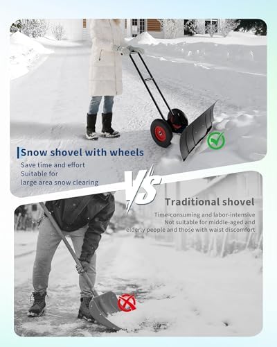 40" Heavy-Duty Steel Snow Pusher with Wheels, Adjustable Ergonomic Handle & 45° Angled Blade for Efficient Driveway & Sidewalk Clearing