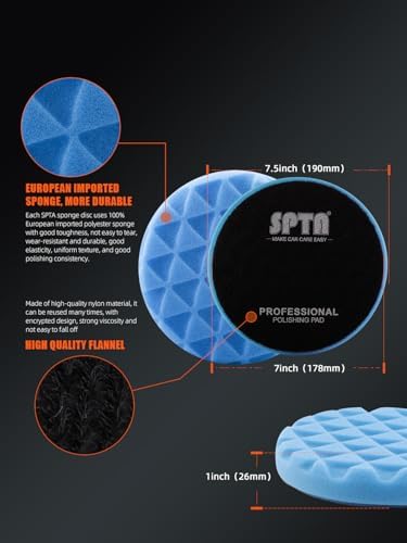 SPTA 10pcs Polishing Pads Kit, 7 Inches Large Size Buffing Pads, Car Foam Buffing Sponge Pads Kit with 5/8"-11 Backing Plate for Car Waxing Polishing