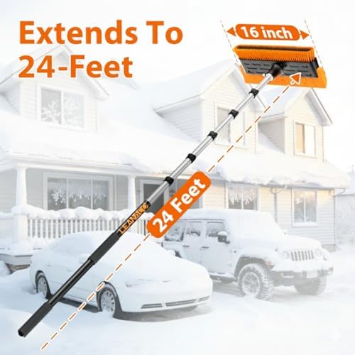 Year-Round Roof Rakes for Snow, Leaves & Moss – 16” No-Scratch Foam Blade & Roof Brush, 4.7-24ft Telescoping Snow Rake for Roof, Solar Panels, RVs & Cars, C-Shaped Push/Pull -Patent Pending