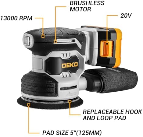 Cordless Orbital Sander: DEKOPRO 20V Random Orbit Sander, 5inch Power Palm Sander Electric Sanders Tool with 2 Batteries, Charger, Dust Collector, 16 Pcs Sanding Discs for Woodwroking