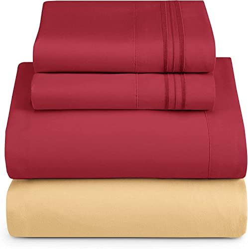 Nestl Queen Sheets Set - 4 Piece Queen Bed Sheets, Extra Soft, Double Brushed Bedding for Queen Size, 2 Tone Camel Gold/Burgundy Set, Camel Fitted Sheet, Burgundy Flat Sheet, Burgundy Pillow Case