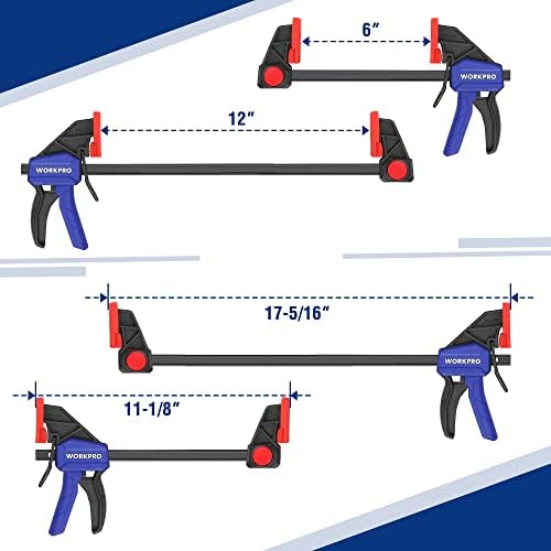 WORKPRO Bar Clamps for Woodworking, 12-Pack One-Handed Clamp/Spreader, 6-Inch (4) and 12-Inch (2) Wood Clamps Set, Light-Duty Quick-Change F Clamp with 150 lbs Load Limit Blue