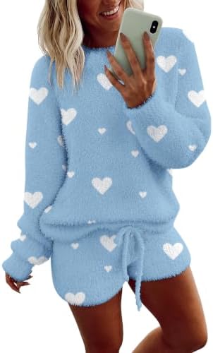 Ekouaer Fuzzy Fleece Pajamas 2 Piece Warm Soft Lounge Set Long Sleeve Sweater Top and Shorts Loungewear Outfits Sweatsuits