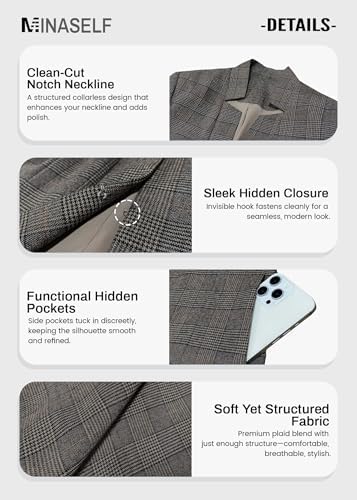 Mina Self 2026 Fall Women's Open Front Tweed Blazer,Plaid Fitted Jacket
