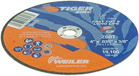 Weiler 58013 4-Inch Cutting Wheel, Tiger Zirc Metal Fast Cut & Long Life, High Performance Cutting, 0.035" Z60T Type 1 3/8" Arbor (Pack of 25)