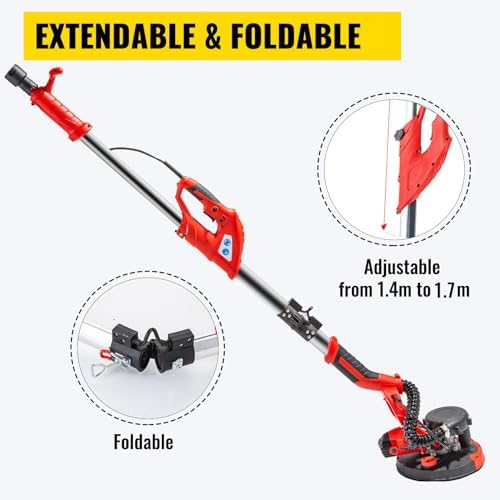 VEVOR Drywall Sander 750W, Electric Sander Variable Speed 800-1750RPM, Drywall Sander Foldable Sheetrock Sander, with Telescope Handle, Vacuum Bag Drywall Sanders 6 Sand Pads